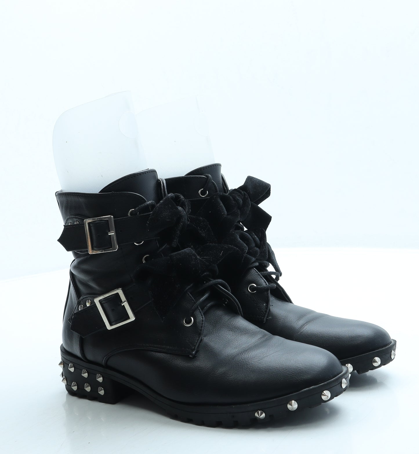 Preworn Womens Black Leather Biker Boot UK 3 36