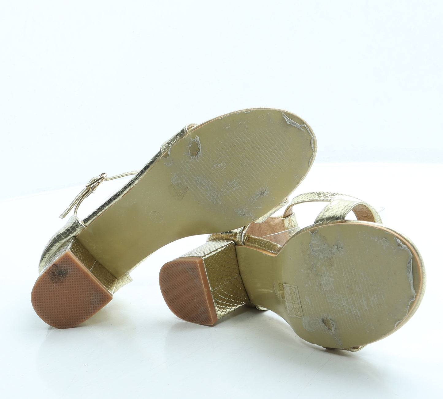 Preworn Womens Gold Animal Print Leather Strappy Heel UK 4 37