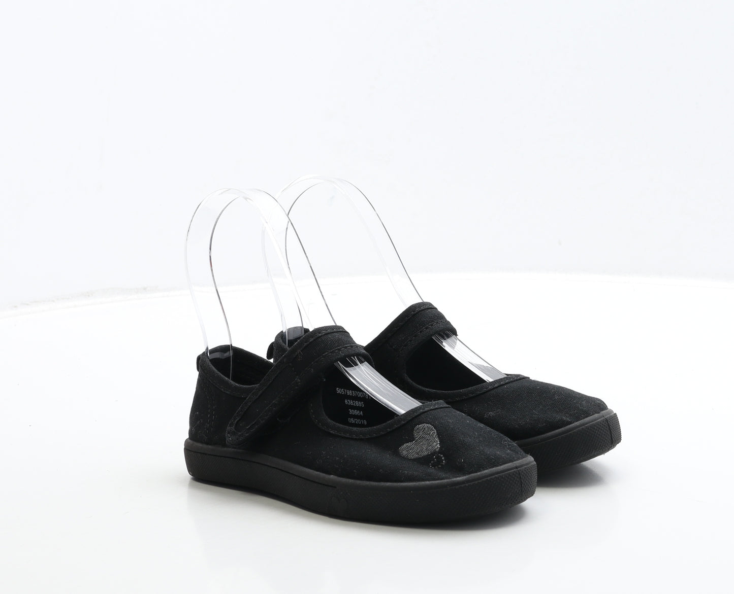 George Girls Black Fabric Mary Jane Flat UK 10 28 - Heart Detail