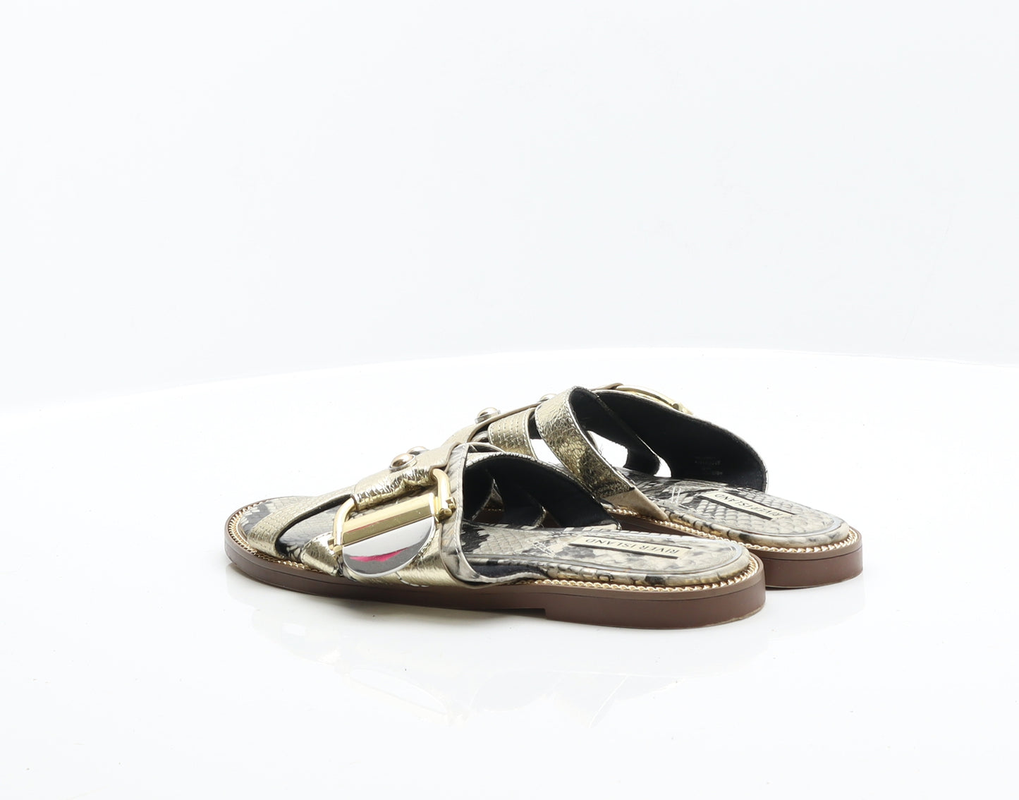 River Island Womens Gold Animal Print Leather Flat Sandal UK 5 - Snake Print