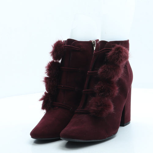 Primark Womens Red Suede Bootie Boot UK 6 39 US 8 - Pom Pom