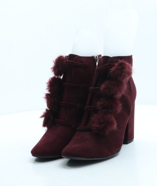 Primark Womens Red Suede Bootie Boot UK 6 39 US 8 - Pom Pom