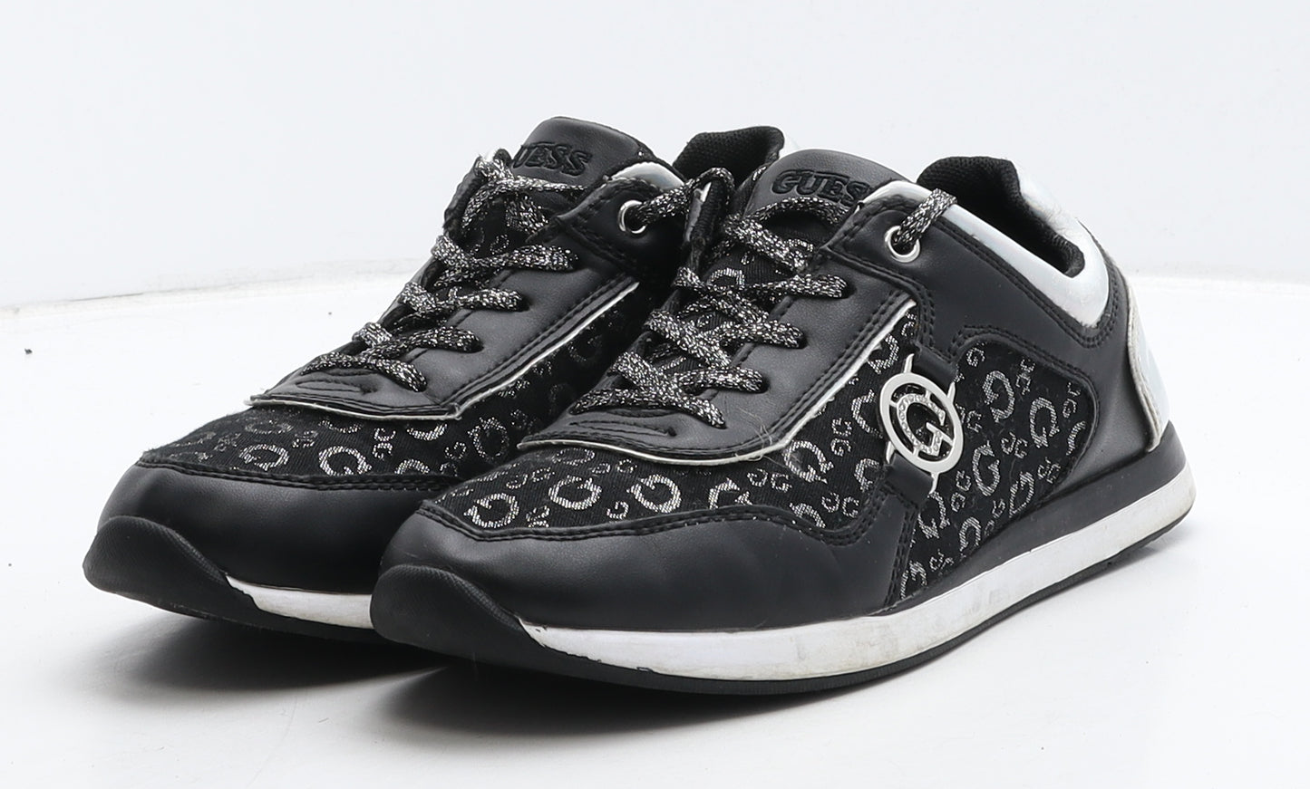GUESS Womens Black Geometric Leather Trainer Casual UK 4.5 37.5