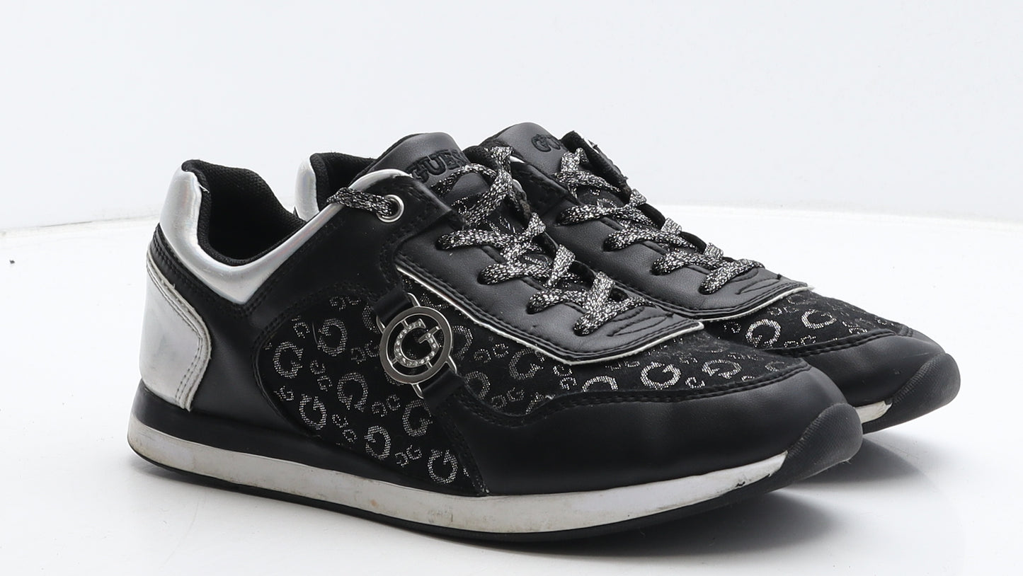 GUESS Womens Black Geometric Leather Trainer Casual UK 4.5 37.5