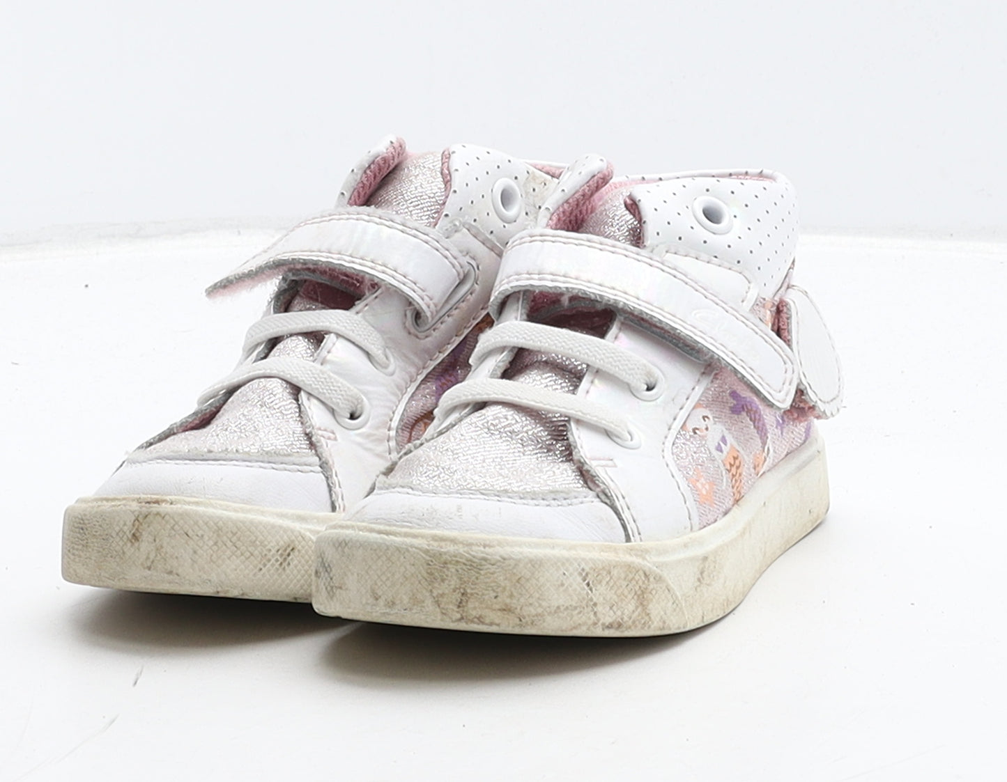 Clarks Girls White Geometric Leather Trainer Casual UK 8 25 - Mermaid/sea life