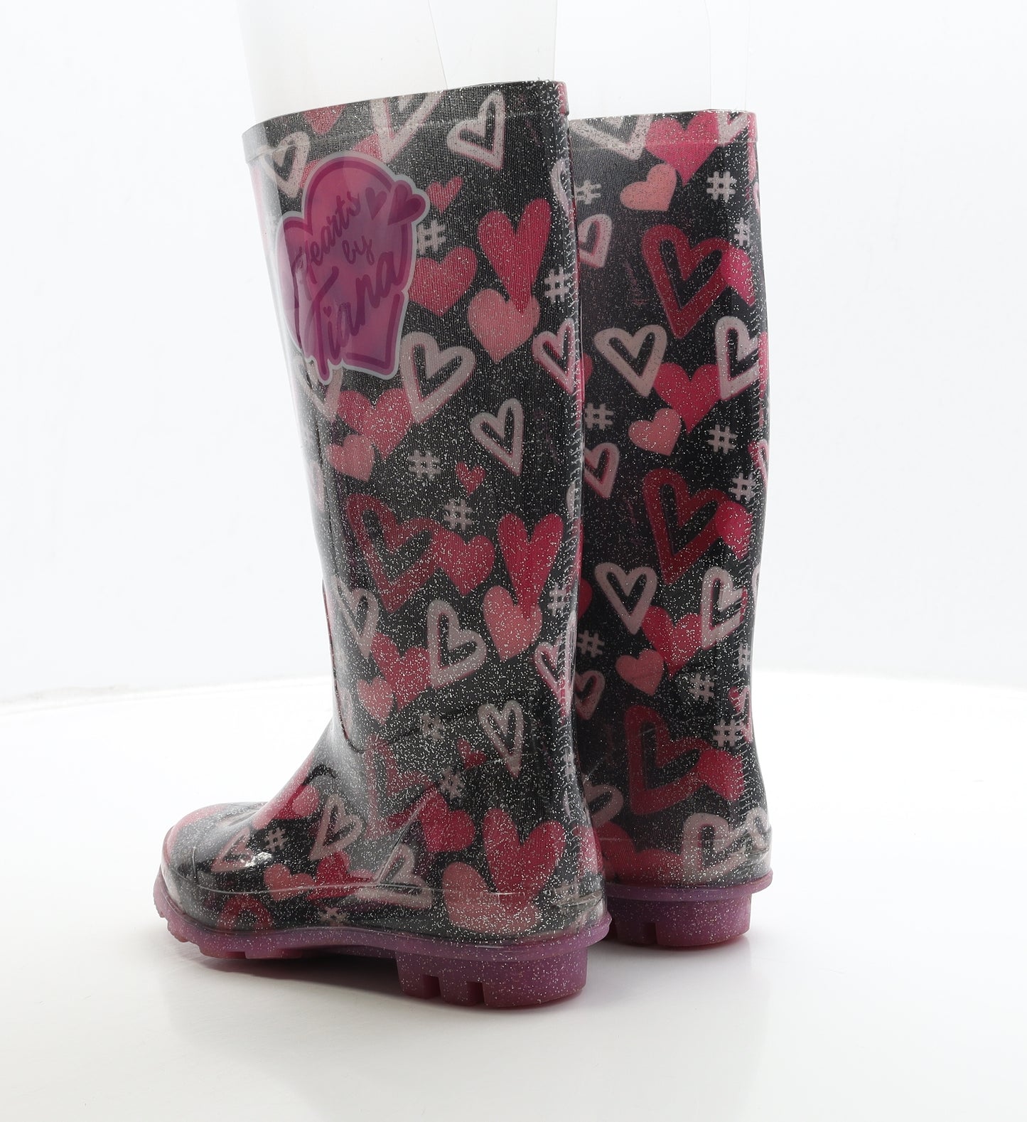 George Girls Black Geometric Rubber Wellies Boot UK 13 31 - Hearts By Tiana