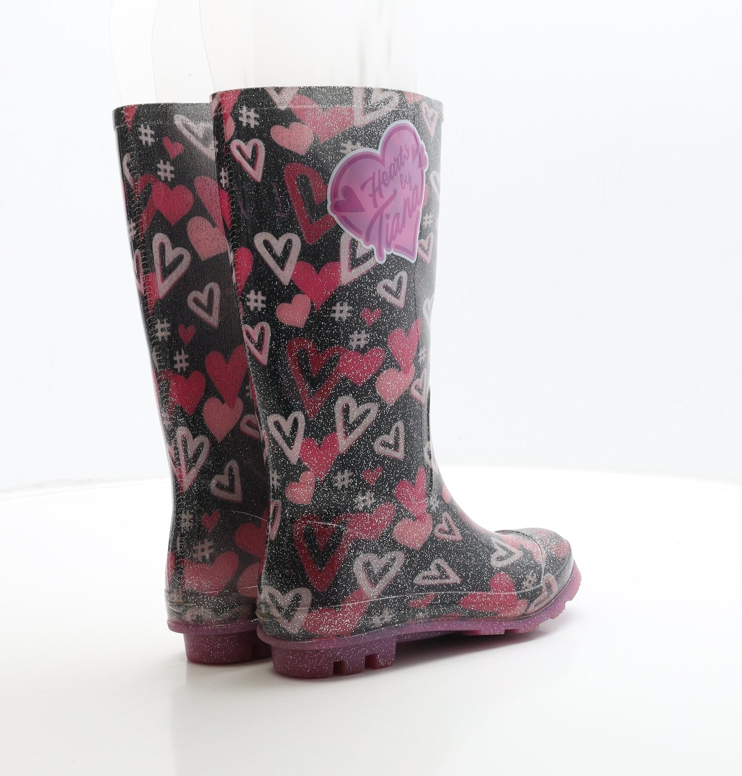 George Girls Black Geometric Rubber Wellies Boot UK 13 31 - Hearts By Tiana