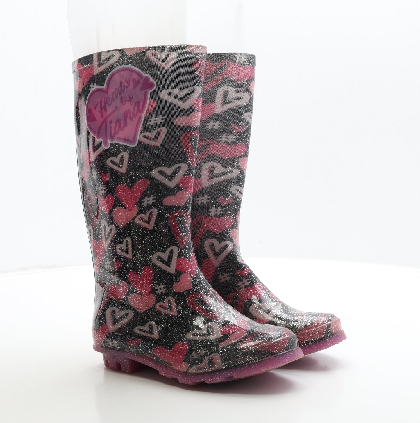 George Girls Black Geometric Rubber Wellies Boot UK 13 31 - Hearts By Tiana
