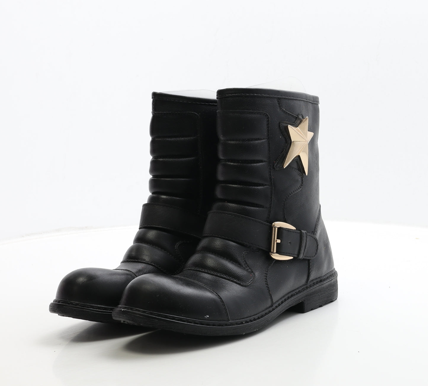 Beauty Girls Womens Black Leather Biker Boot UK 7 40 - Star Detail