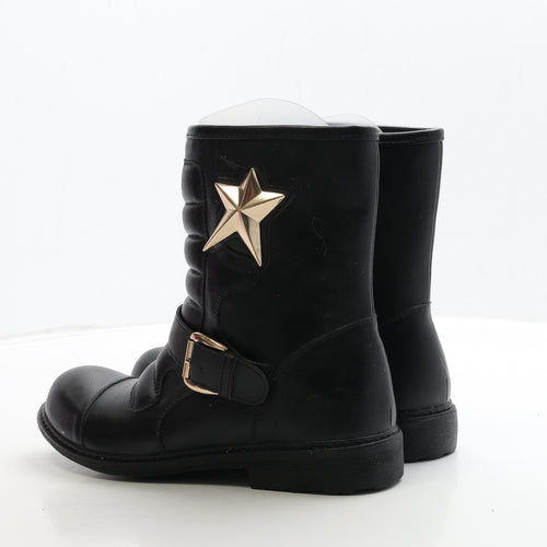Beauty Girls Womens Black Leather Biker Boot UK 7 40 - Star Detail
