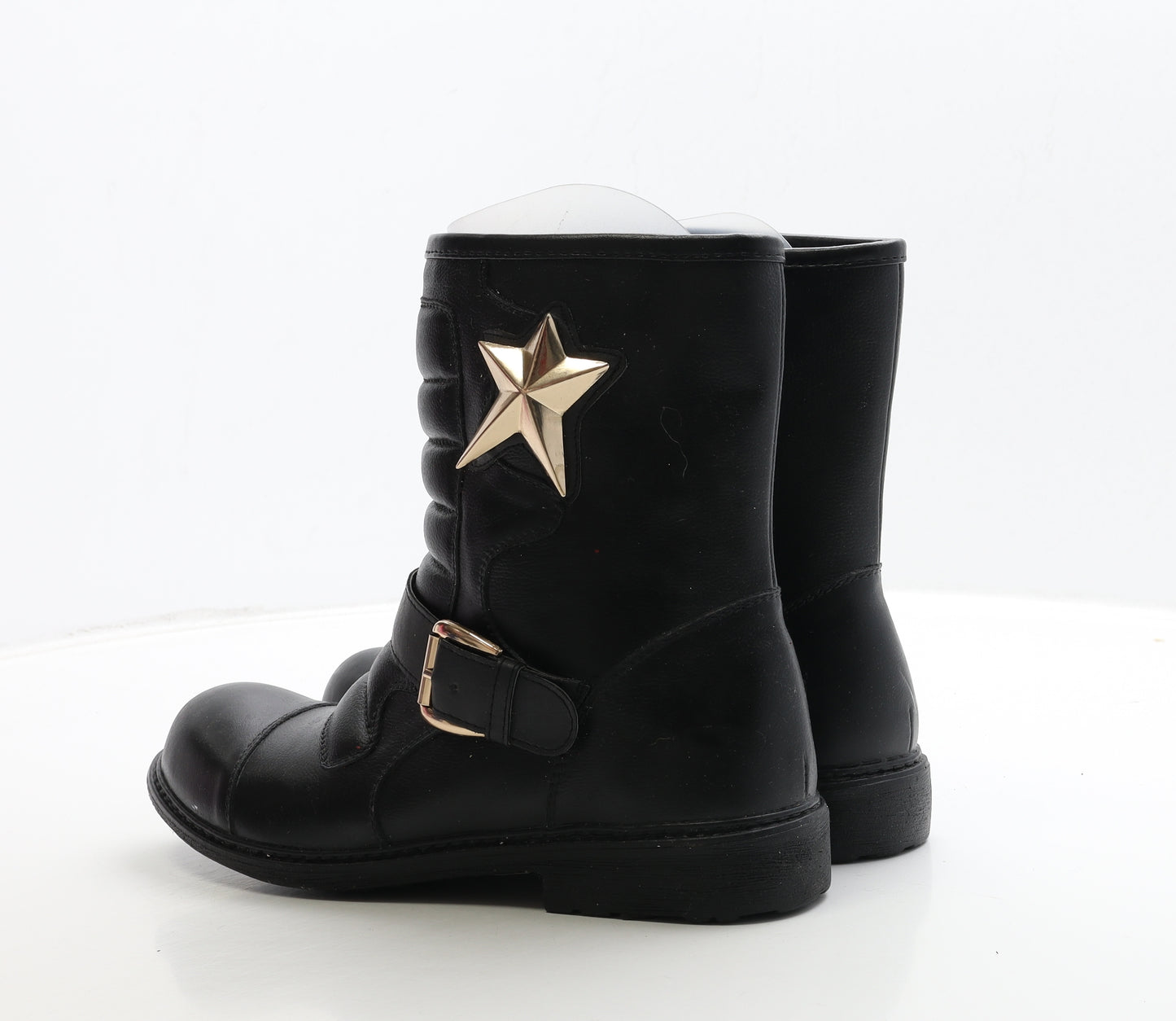 Beauty Girls Womens Black Leather Biker Boot UK 7 40 - Star Detail
