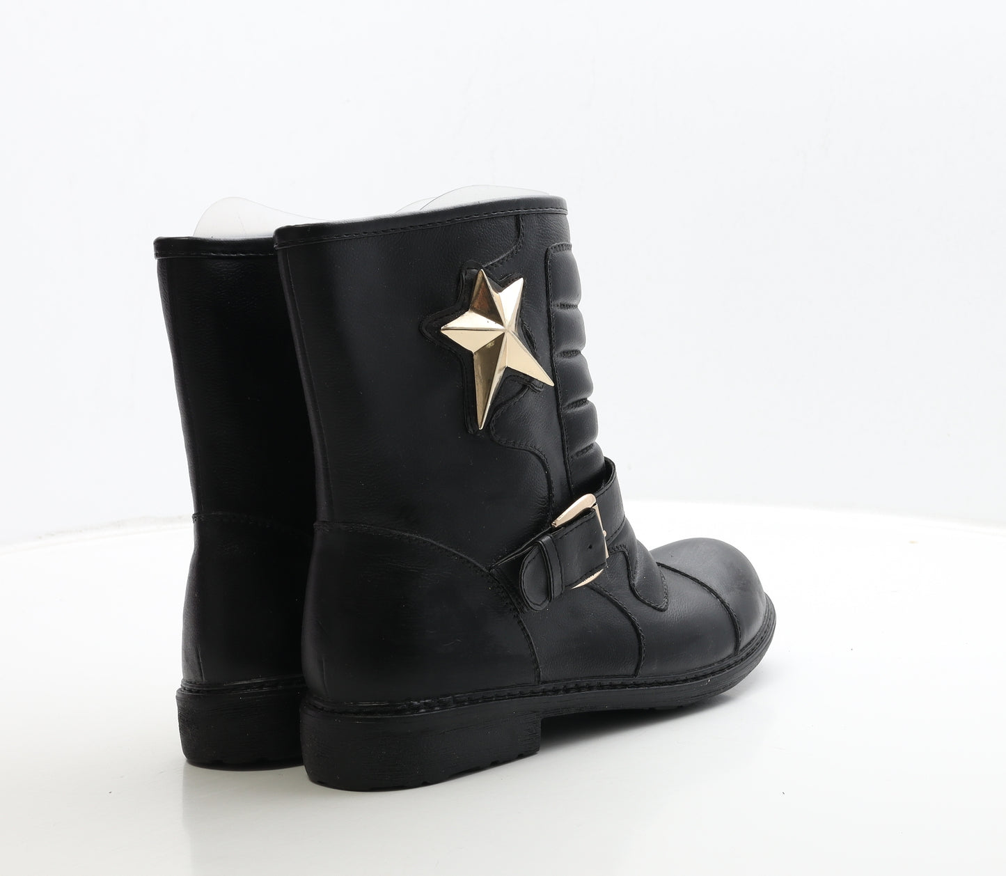 Beauty Girls Womens Black Leather Biker Boot UK 7 40 - Star Detail