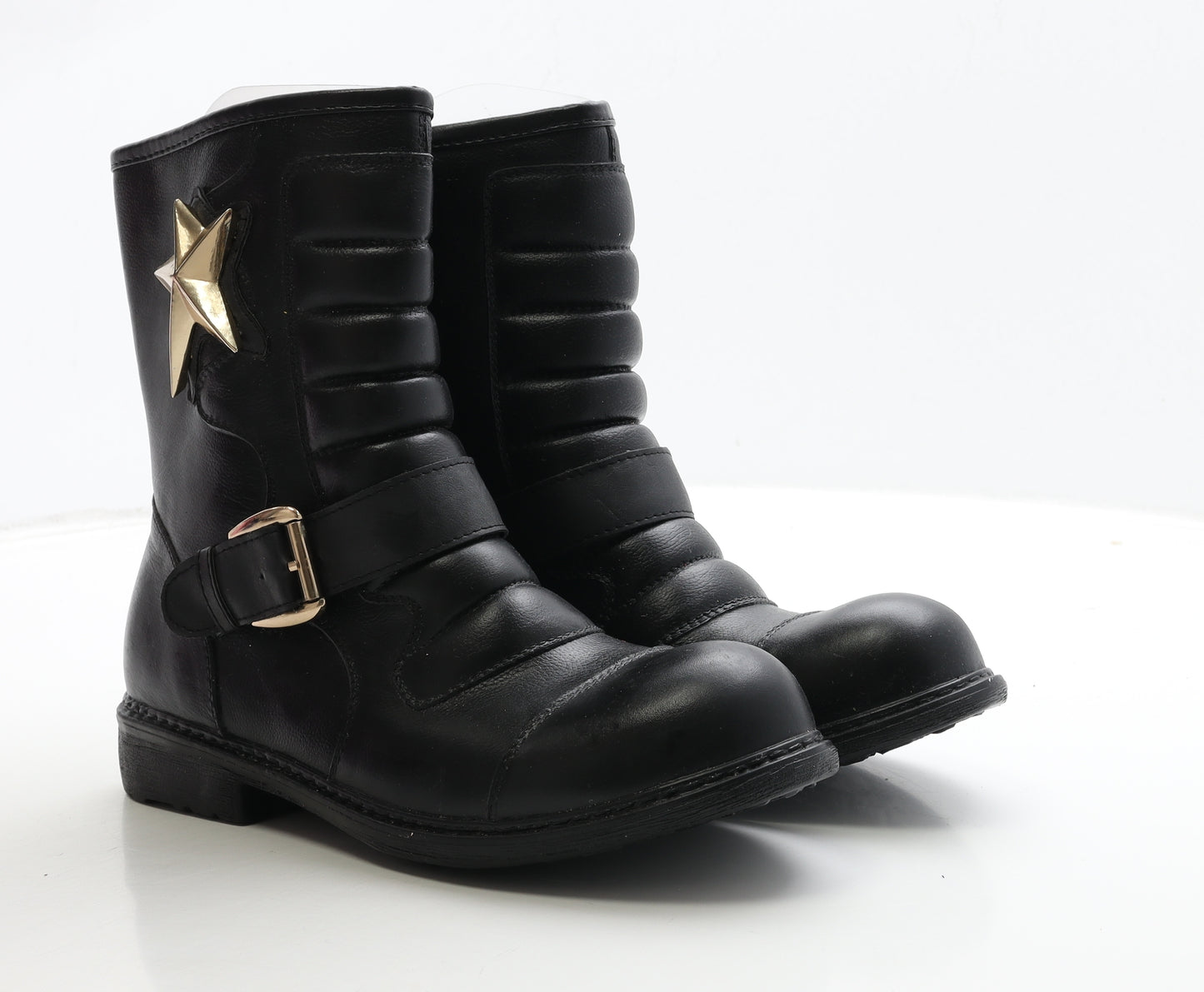 Beauty Girls Womens Black Leather Biker Boot UK 7 40 - Star Detail