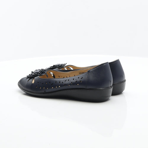 Shoe Tree Womens Blue Leather Flat UK 6 - Flower Detail Shoes
