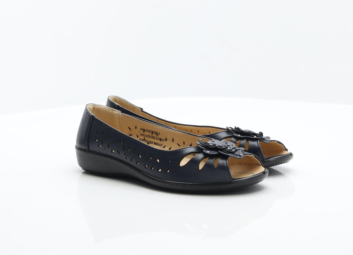 Shoe Tree Womens Blue Leather Flat UK 6 - Flower Detail Shoes
