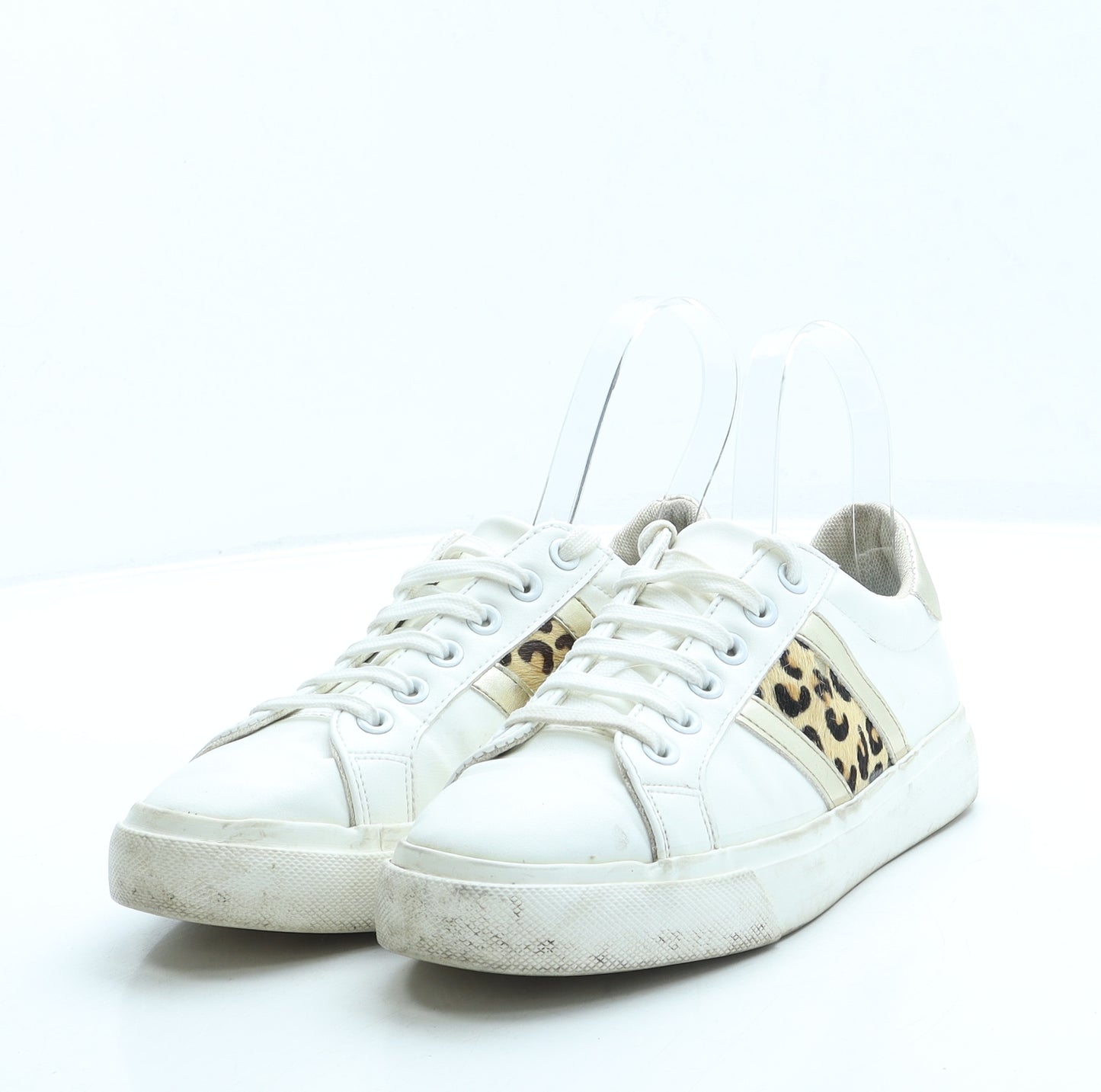 George Womens White Animal Print Leather Trainer UK 3 36 - Leopard Print