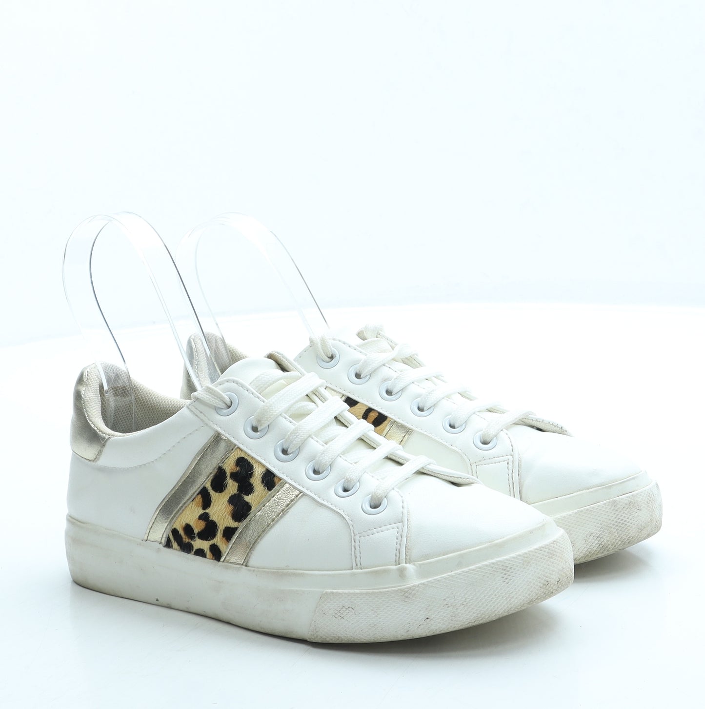 George Womens White Animal Print Leather Trainer UK 3 36 - Leopard Print