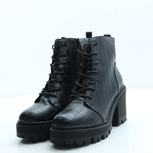 Missguided Womens Black Animal Print Leather Combat Boot UK 6 39
