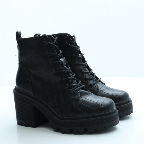 Missguided Womens Black Animal Print Leather Combat Boot UK 6 39