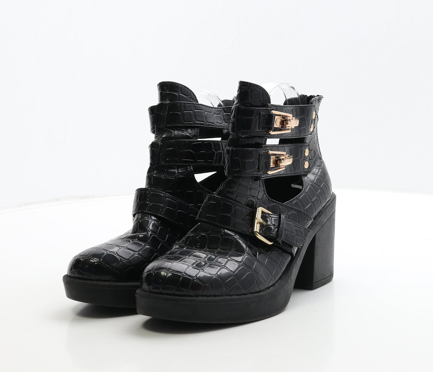 Niohe Womens Black Geometric PVC Biker Boot UK 6 39