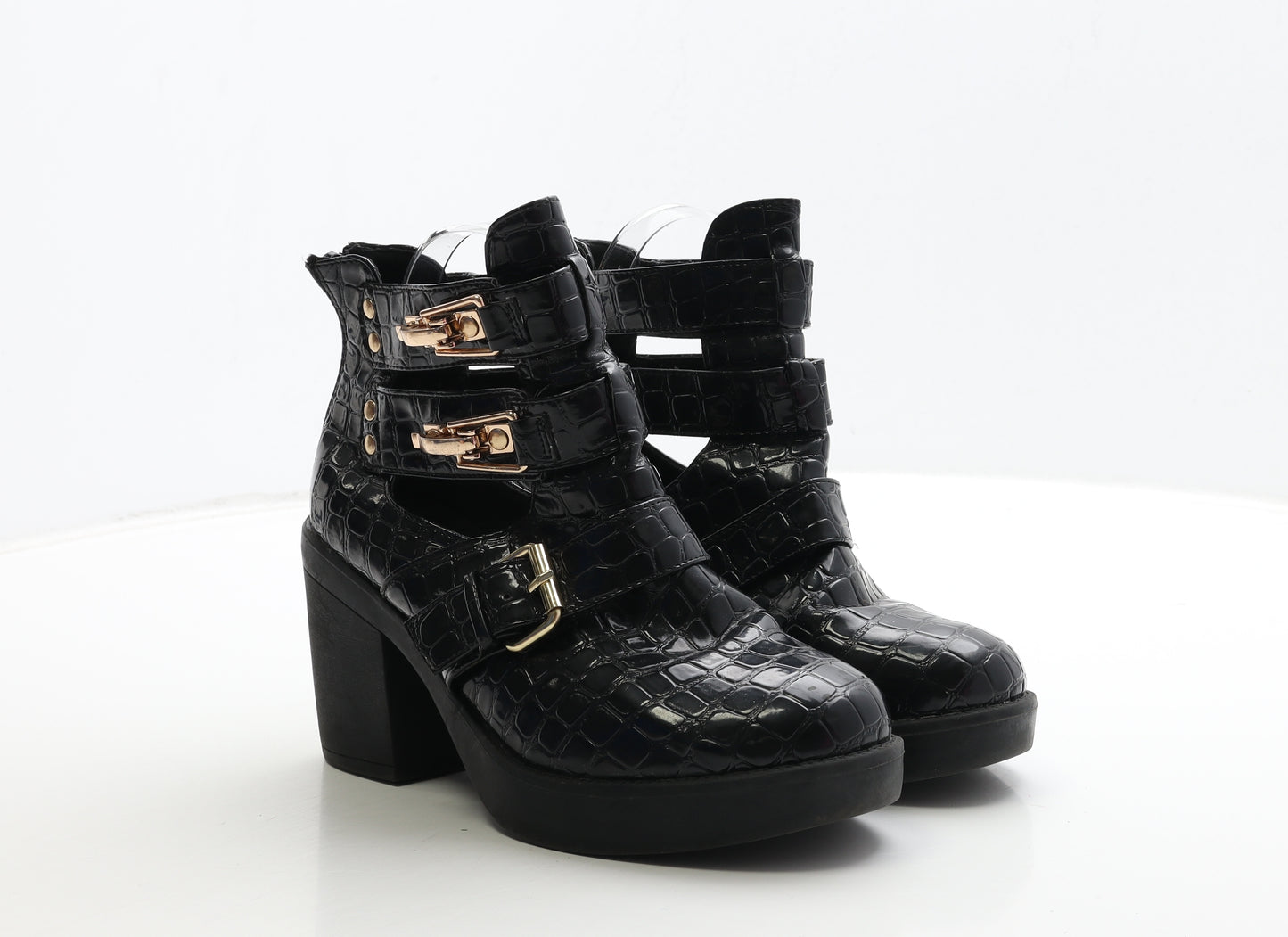 Niohe Womens Black Geometric PVC Biker Boot UK 6 39