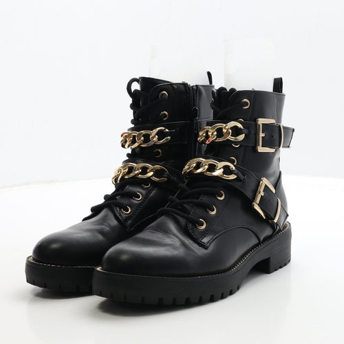 Primark Womens Black Leather Biker Boot UK 5 38 - Chain Detail