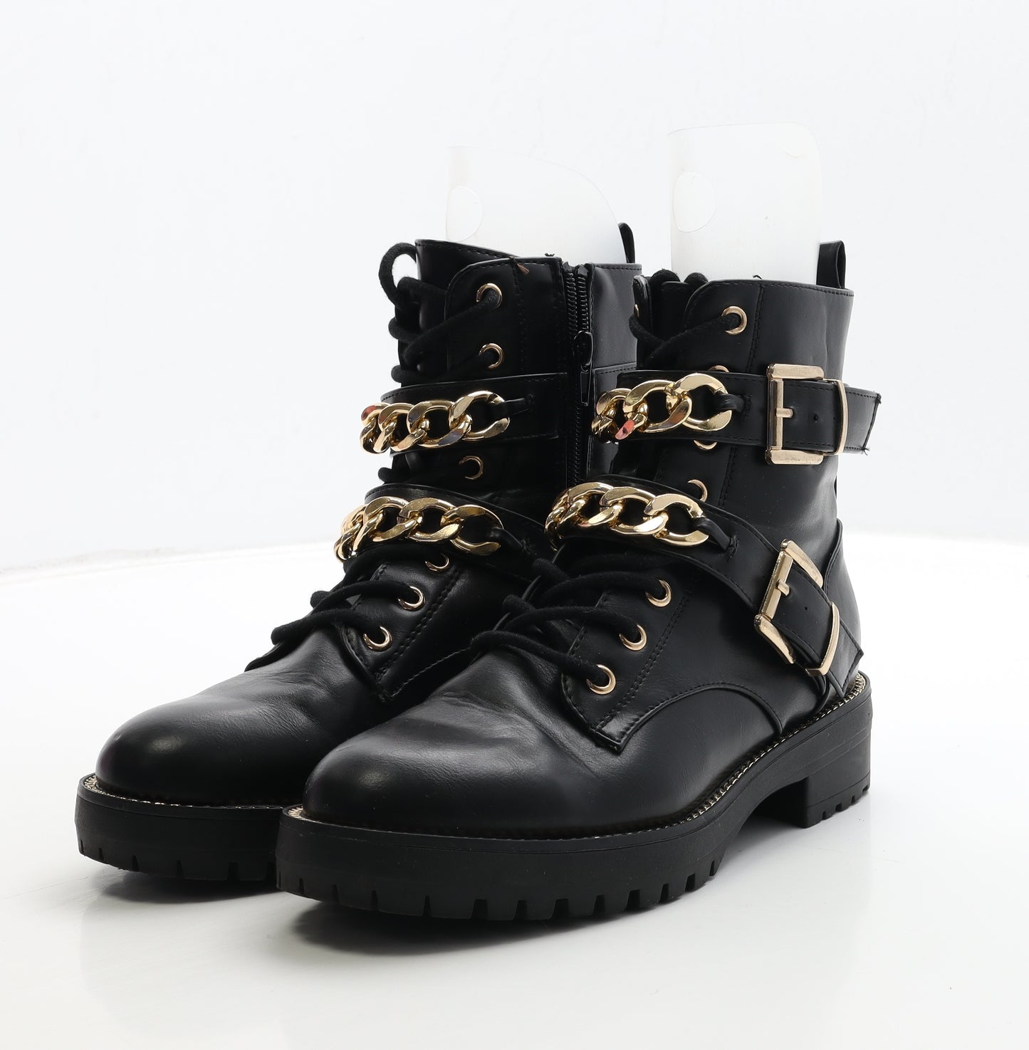 Primark Womens Black Leather Biker Boot UK 5 38 - Chain Detail