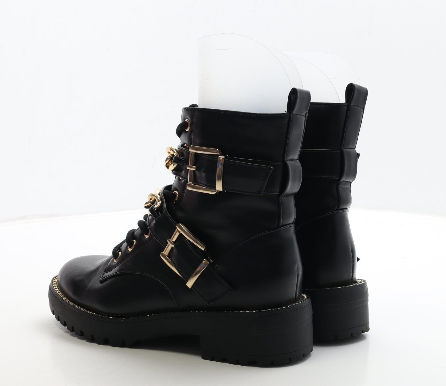 Primark Womens Black Leather Biker Boot UK 5 38 - Chain Detail