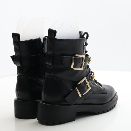 Primark Womens Black Leather Biker Boot UK 5 38 - Chain Detail