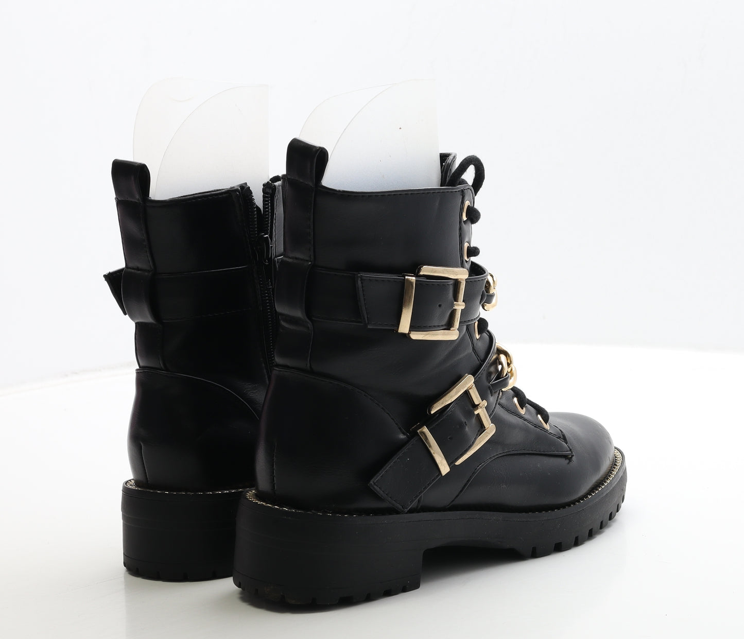 Primark Womens Black Leather Biker Boot UK 5 38 - Chain Detail