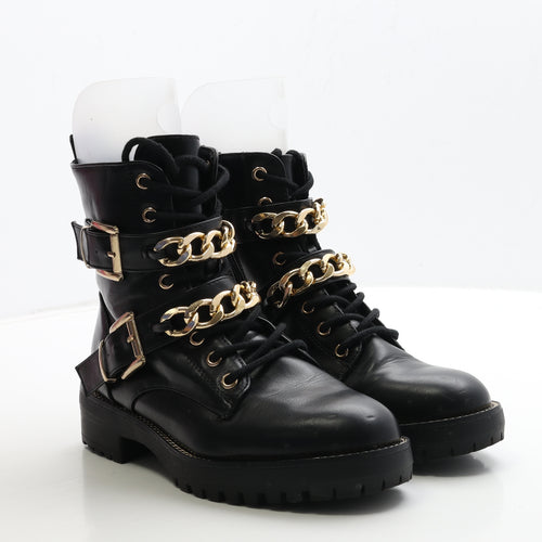 Primark Womens Black Leather Biker Boot UK 5 38 - Chain Detail