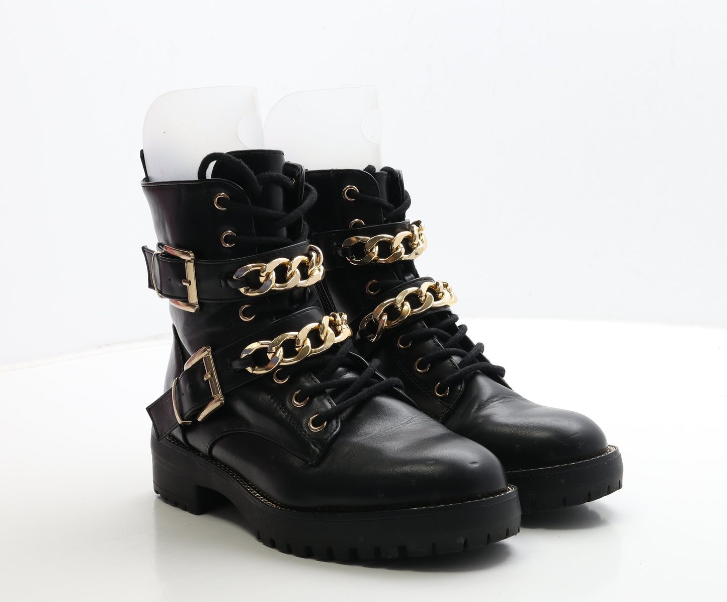 Primark Womens Black Leather Biker Boot UK 5 38 - Chain Detail