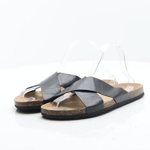 Primark Womens Black Animal Print Leather Slider Flat UK 7 40 - Croc Texture Sandals