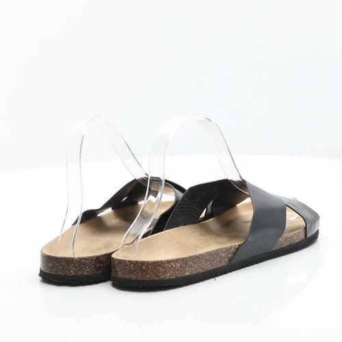 Primark Womens Black Animal Print Leather Slider Flat UK 7 40 - Croc Texture Sandals