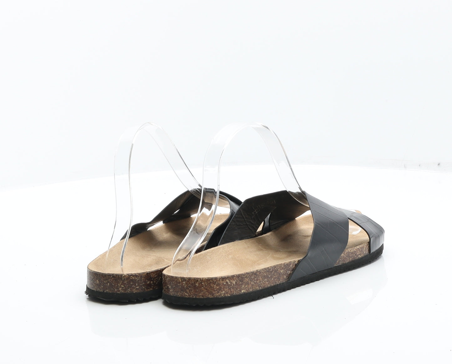 Primark Womens Black Animal Print Leather Slider Flat UK 7 40 - Croc Texture Sandals