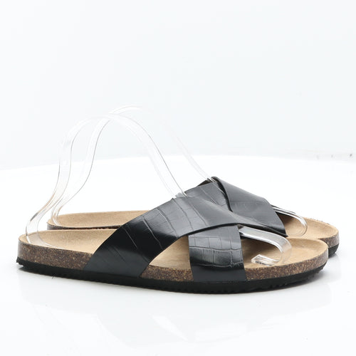 Primark Womens Black Animal Print Leather Slider Flat UK 7 40 - Croc Texture Sandals