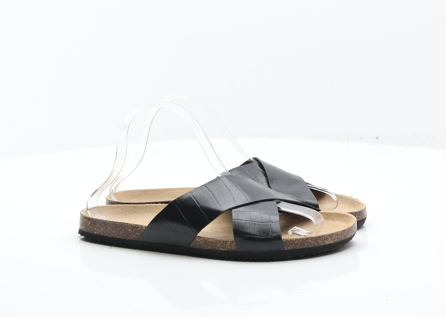 Primark Womens Black Animal Print Leather Slider Flat UK 7 40 - Croc Texture Sandals