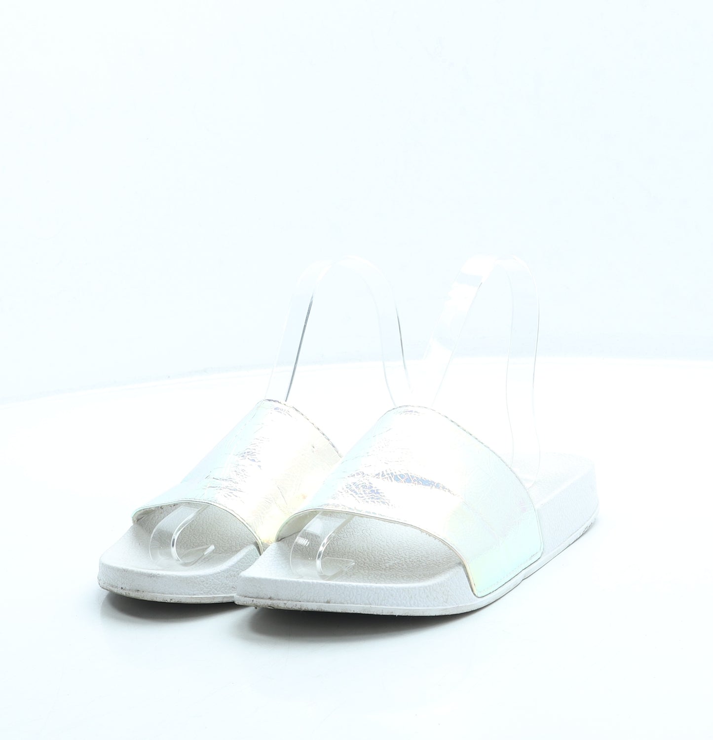 Primark Womens White Polyester Slider Sandal UK 4 37 - Holographic