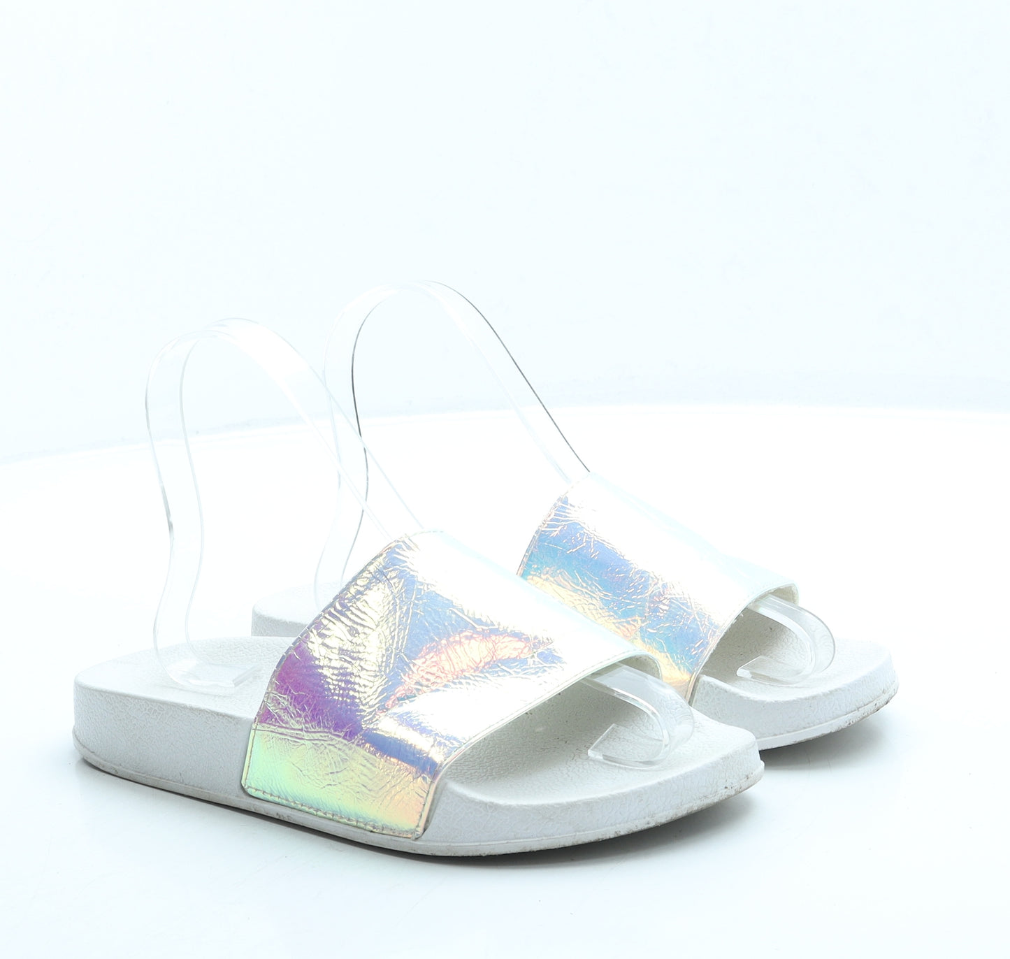 Primark Womens White Polyester Slider Sandal UK 4 37 - Holographic
