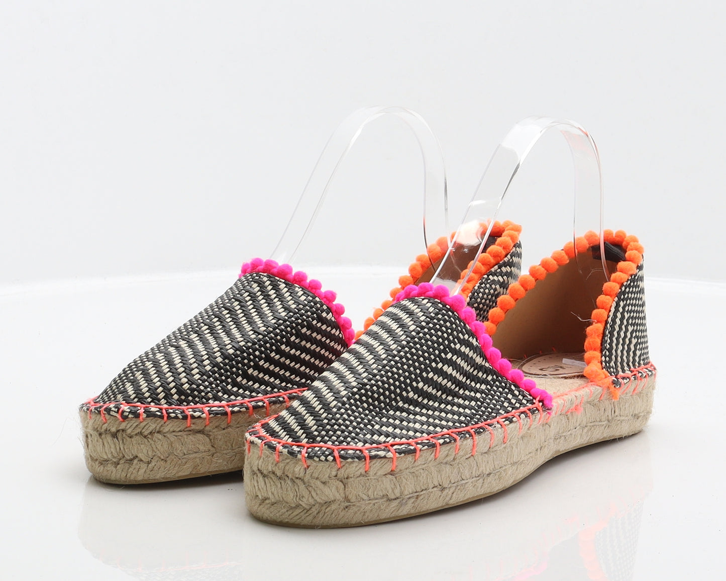 Miss KG Womens Black Herringbone Synthetic Espadrille Casual UK 5.5 39 - Pom pom trim