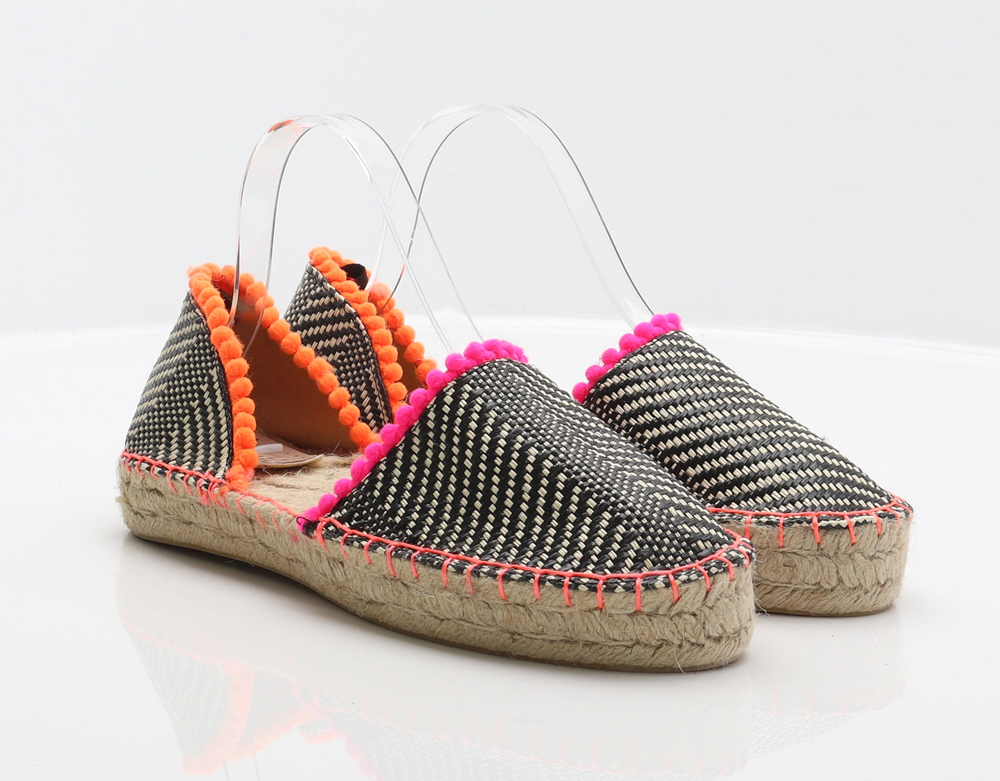Miss KG Womens Black Herringbone Synthetic Espadrille Casual UK 5.5 39 - Pom pom trim