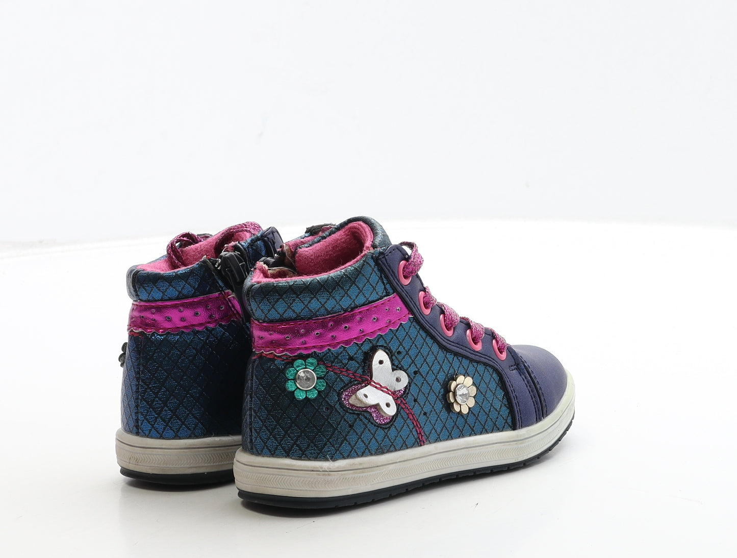 Preworn Girls Blue Geometric Leather Trainer UK 6 24 - Butterfly & Flower Detail