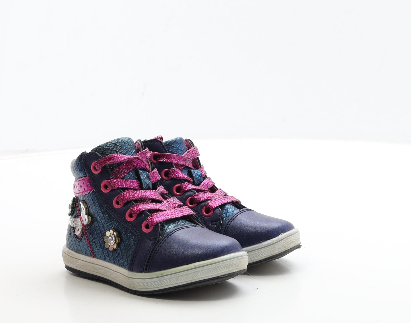Preworn Girls Blue Geometric Leather Trainer UK 6 24 - Butterfly & Flower Detail