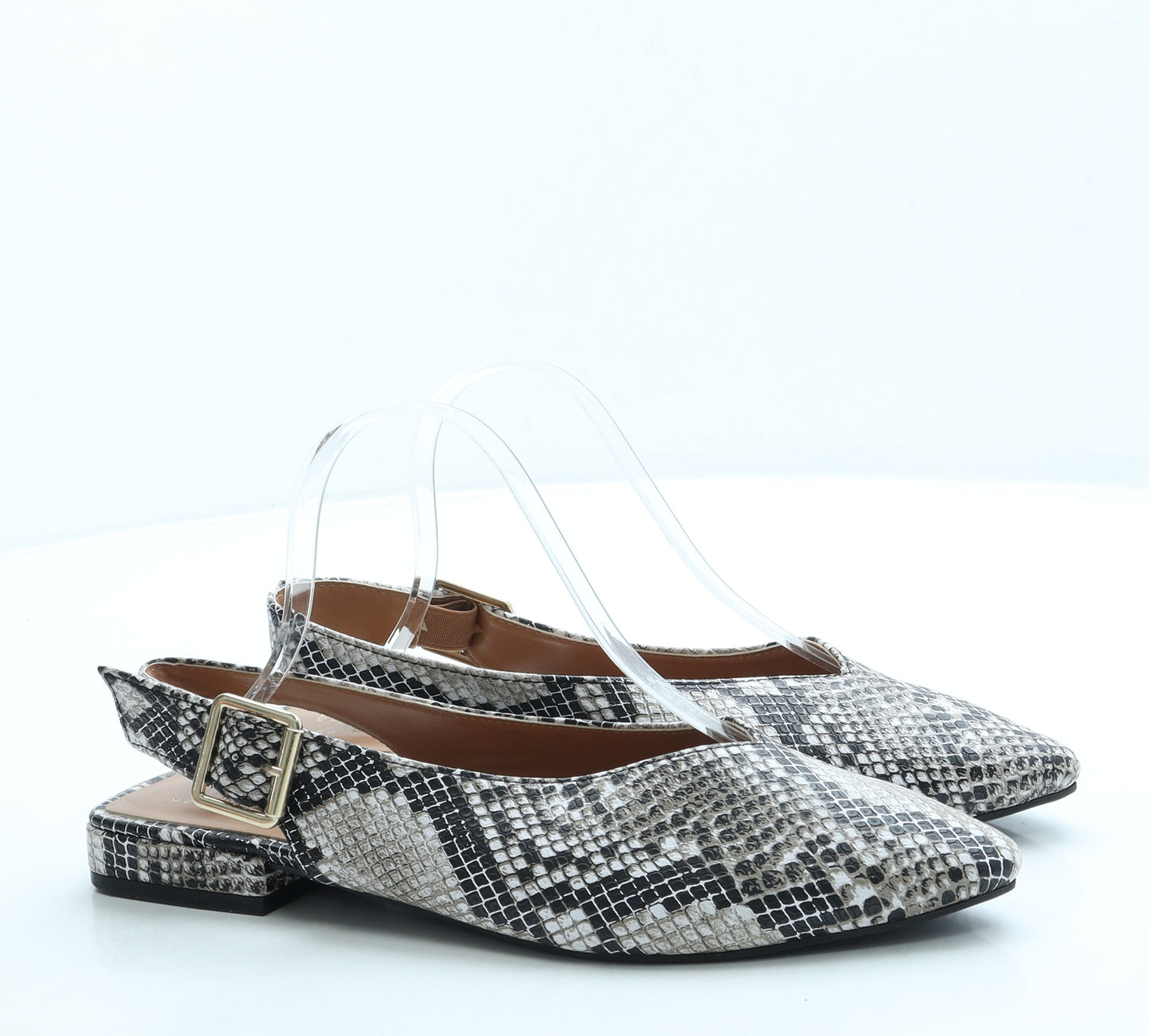Primark Womens Grey Animal Print Leather Slingback Flat UK 6 39 US 8 - Snakeskin pattern