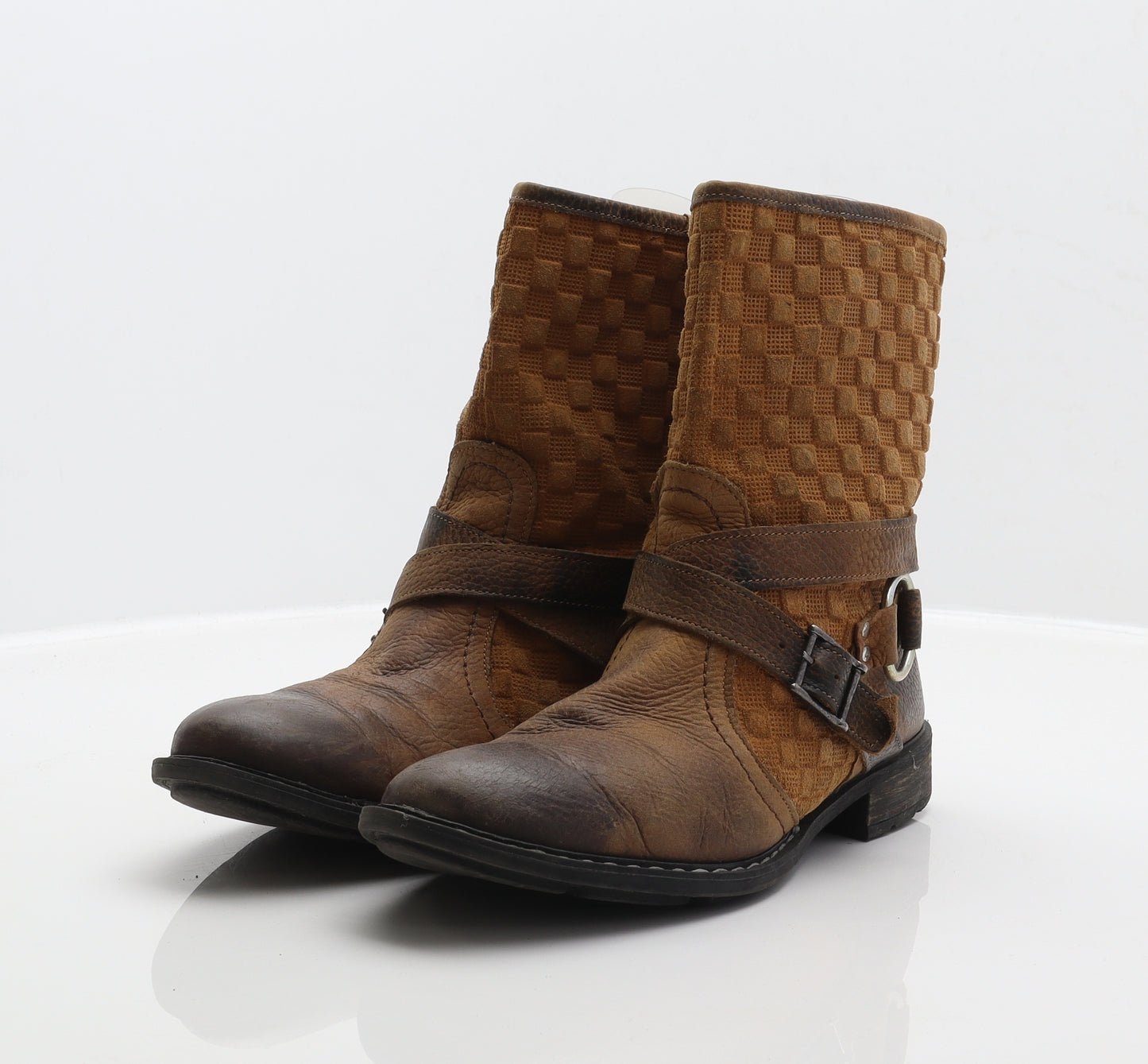 Preworn Womens Brown Check Leather Biker Boot UK 6.5 40
