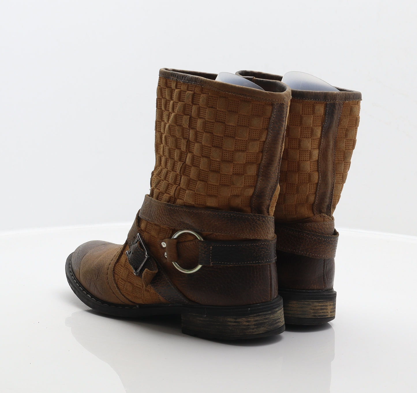 Preworn Womens Brown Check Leather Biker Boot UK 6.5 40