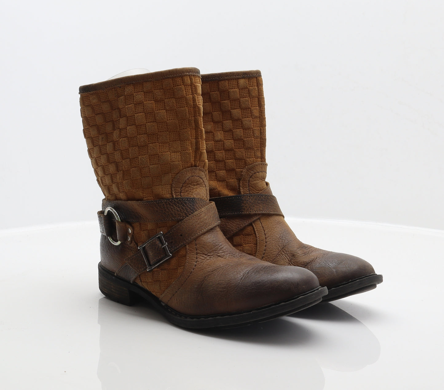 Preworn Womens Brown Check Leather Biker Boot UK 6.5 40