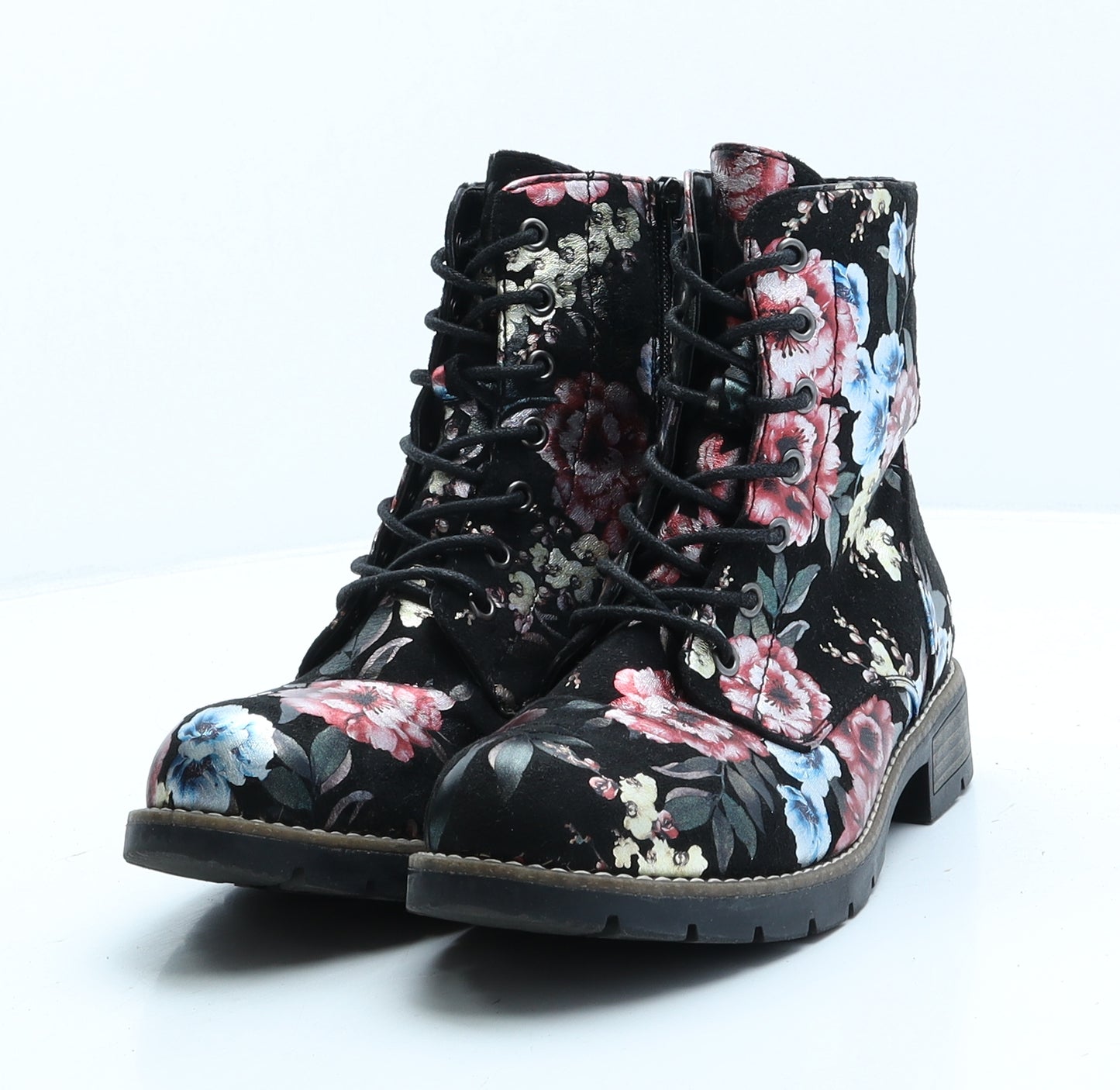 Pavers Womens Black Floral Synthetic Combat Boot UK 6 39