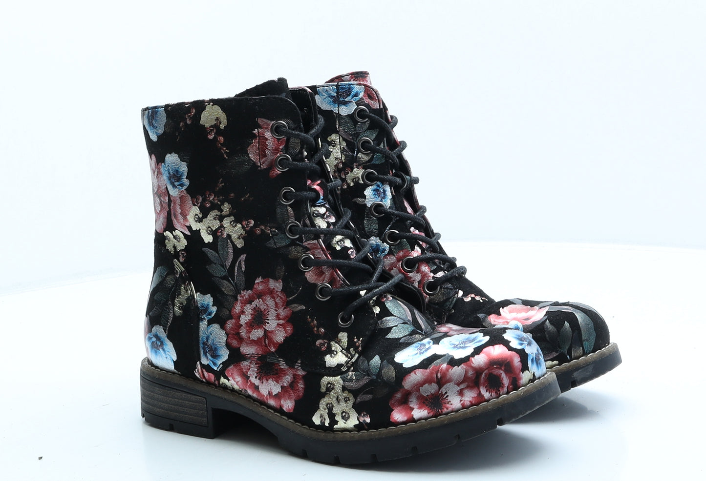 Pavers Womens Black Floral Synthetic Combat Boot UK 6 39