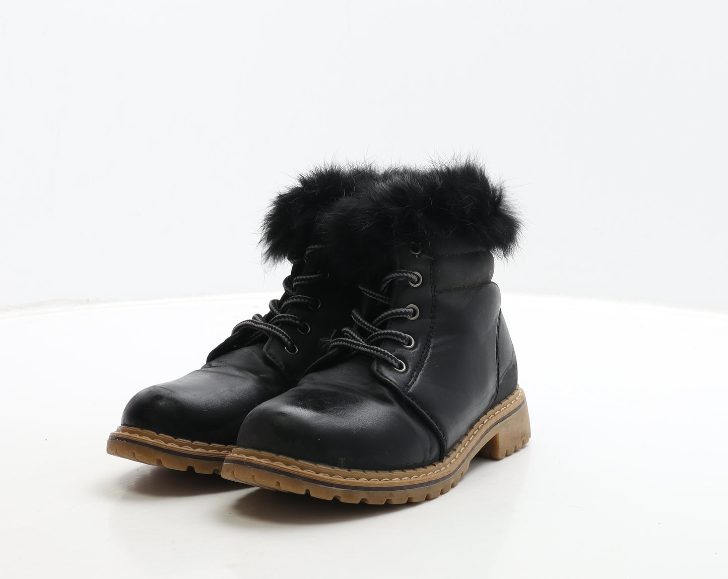 Preworn Girls Black Leather Combat Boot UK 2 34 - Fluffy Detail